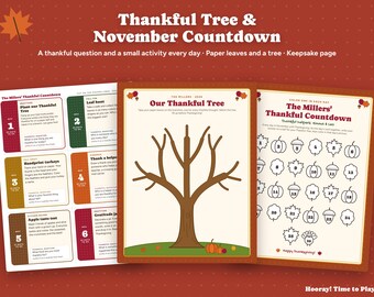 Thankful Tree Thanksgiving Countdown, Personalized Gratitude Cards for Kids, Printable Thankful Leaves, Family November Tradition Activity