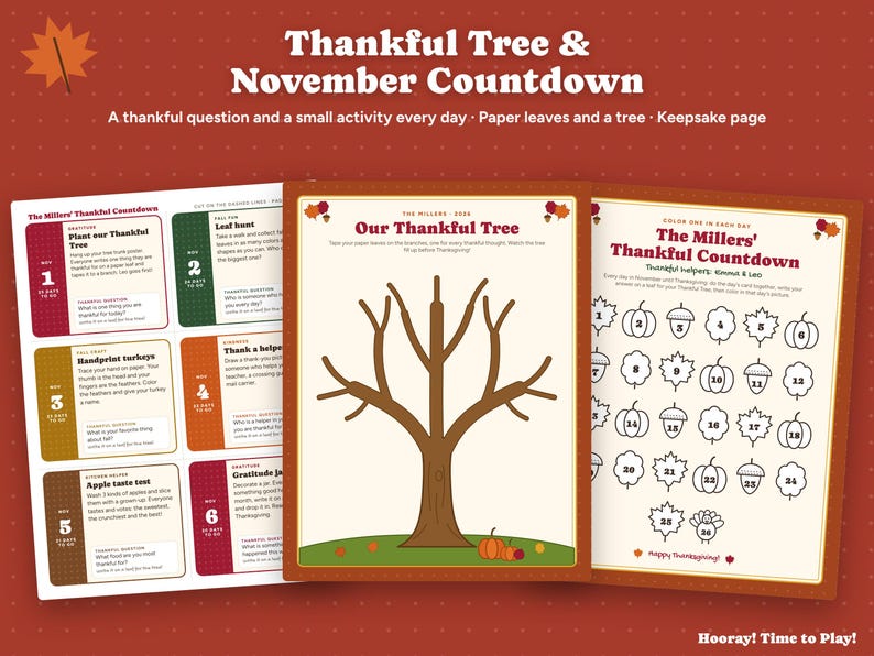 Thankful Tree Thanksgiving Countdown, Personalized Gratitude Cards for Kids, Printable Thankful Leaves, Family November Tradition Activity image 1