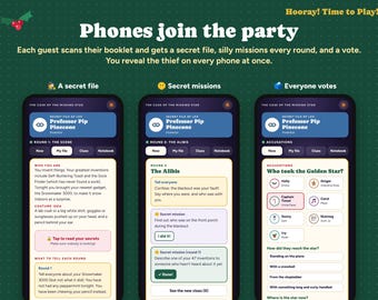 May include: Three smartphones display a digital game interface titled The Case of the Missing Star. The screens show character profiles, secret missions, and voting options for players. The background is dark green with white text.