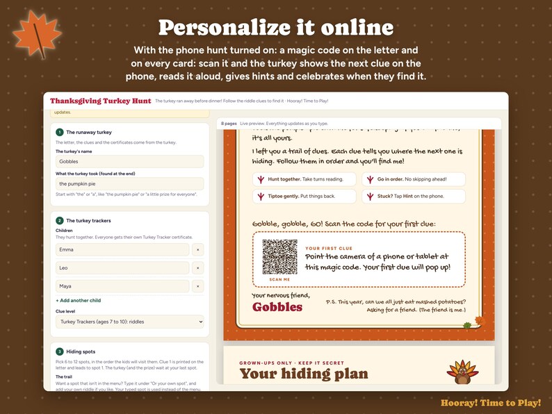 Thanksgiving Scavenger Hunt for Kids with Phone Hunt, QR Code Turkey Hunt, Personalized Riddle Clues, Printable Game, Instant Download image 2