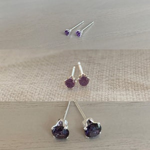 amethyst stud earring set / 2mm, 3mm, 4mm / sterling silver, hypoallergenic image 1