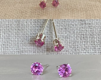 Pink stud earring set / 2mm, 3mm, 4mm / sterling silver, hypoallergenic