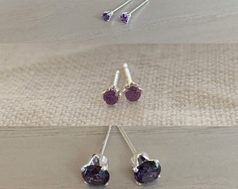 amethyst stud earring set / 2mm, 3mm, 4mm / sterling silver, hypoallergenic