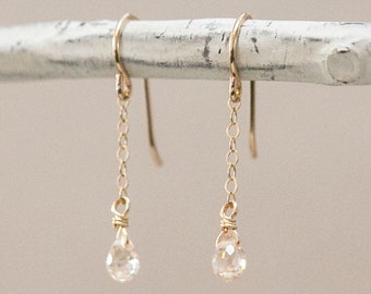 topaz teardrop and chain earrings / sterling silver or gold filled