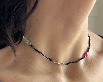 delicate black spinel and gemstone necklace / adjustable
