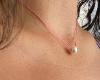 white freshwater pearl on pnk cord necklace / sterling silver or gold filled