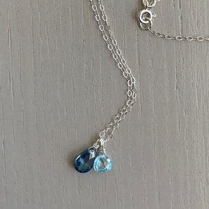 aquamarine and sapphire teardrop pendant / sterling silver or gold filled