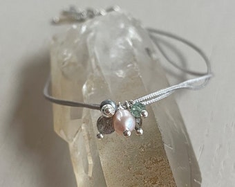 cement gray cord bracelet with pearls, gemstone, and charms / sterling silver