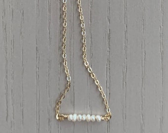 tiny white pearl bar necklace / sterling silver or gold filled