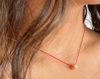 peach freshwater pearl on red cord necklace / sterling silver or gold filled