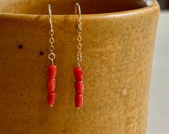 coral and chain earrings / sterling silver or gold filled