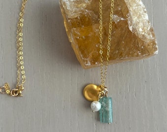 roman glass / gold disc / pearl cluster pendant — adjustable