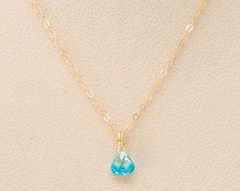 small blue zircon teardrop pendant / sterling silver or gold filled
