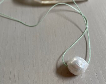 large white freshwater pearl on mint green cord necklace / sterling silver or gold filled