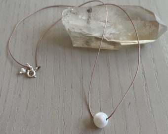 white freshwater pearl on cement cord necklace / sterling silver or gold filled