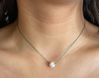 white freshwater pearl on emerald green cord necklace / sterling silver or gold filled