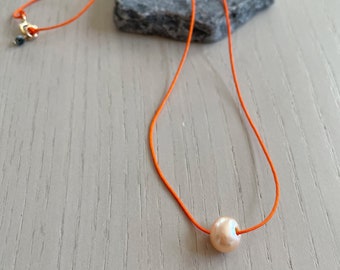 peach freshwater pearl on orange cord necklace / sterling silver or gold filled
