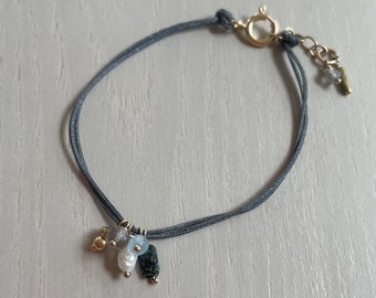 slate cord bracelet with pearls, gemstone, and charms / gold filled