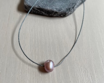 mauve pink freshwater pearl on slate gray cord necklace / sterling silver or gold filled