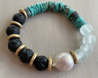 black, blue, and pearl stretch bracelet