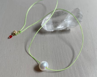 white freshwater pearl on lime green cord necklace / sterling silver or gold filled