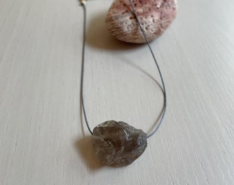 large rough smoky quartz nugget on slate gray cord necklace / sterling silver or gold filled