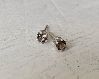 2mm smoky quartz stud earrings / sterling silver, hypoallergenic