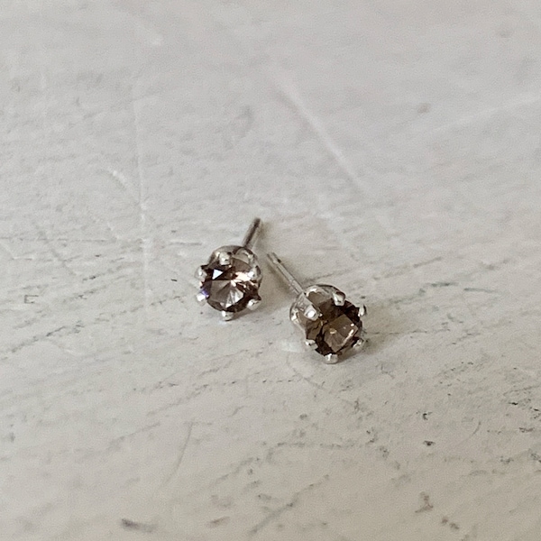 2mm smoky quartz stud earrings / sterling silver, hypoallergenic