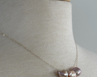 three pink feshwater pearl necklace / sterling silver or gold filled