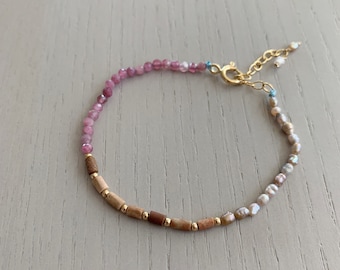 delicate pink tourmaline and pearl bracelet / adjustable