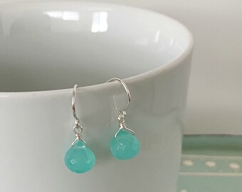 aqua chalcedony teardrop earrings / sterling silver or gold filled