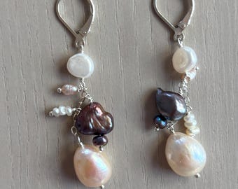 mixed colors freshwater pearl dangle earrings / sterling silver