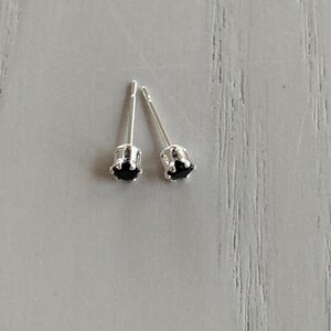 May include: A pair of silver stud earrings with small black gemstones.