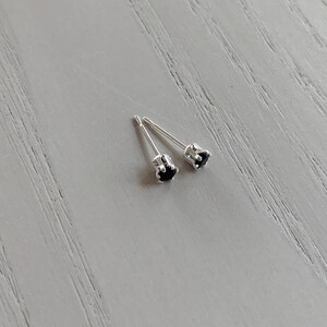 May include: A pair of silver stud earrings with small black gemstones.