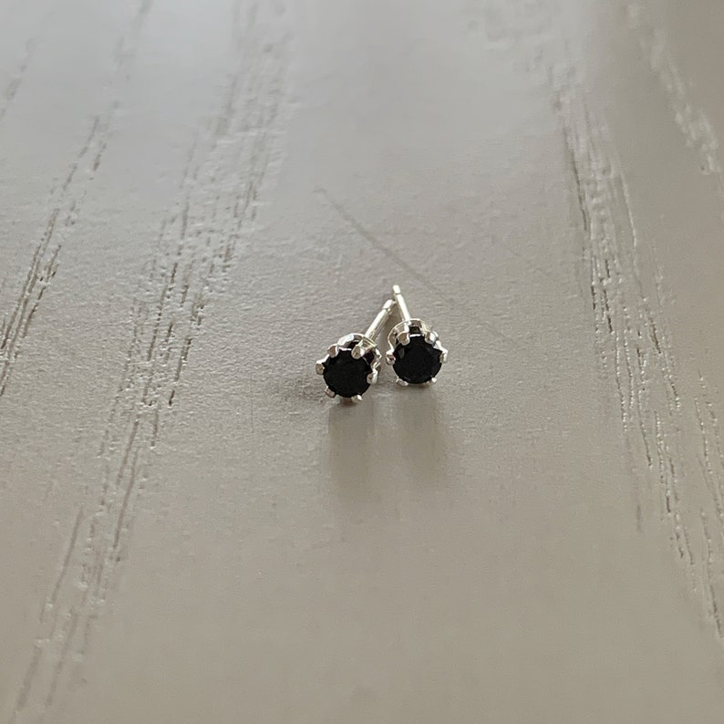 May include: A pair of silver stud earrings with black gemstones.