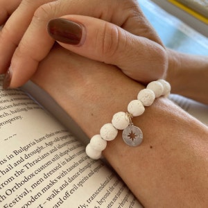 white pumice bracelet with compass charm / silver or gold (medium)