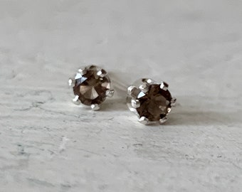 3mm smoky quartz stud earrings / sterling silver/ hypoallergenic