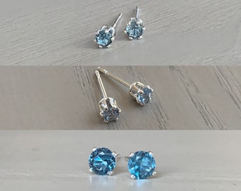 blue zircon stud earring set / 2mm, 3mm, 4mm / sterling silver, hypoallergenic