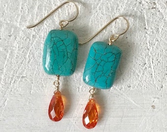 turquoise and orange earrings / sterling silver or god filled