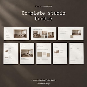 Sjabloonbundel voor interieurontwerpstudio's, acht op elkaar afgestemde producten voor Canva en InDesign.