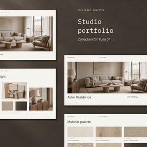 Op de afbeelding: Een digitale studio-portfolio-presentatie met meerdere dia's met interieurontwerpconcepten. De lay-out bevat afbeeldingen van een woonkamer, materiaalpaletten en tekstlabels zoals Collected Practice, Studio portfolio en Alder Residence.