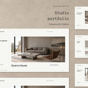 Könnte beinhalten: Eine digitale Studio-Portfolio-Vorlage mit einer Projektvorstellung für Quarry House. Das Layout zeigt ein Wohnzimmer mit Sofa, Couchtisch und Stuhl sowie kleinere Felder, die Materialpaletten und Details zur Innenarchitektur darstellen.