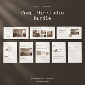 Interior design studio template bundle, eight coordinated products for Canva and InDesign