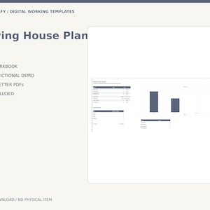 May include: A digital moving house plan template featuring an Excel workbook, blank and fictional demo versions, A4 and US letter PDFs, and a guide. The interface displays a spreadsheet with dark blue headers, data tables, and bar charts.
