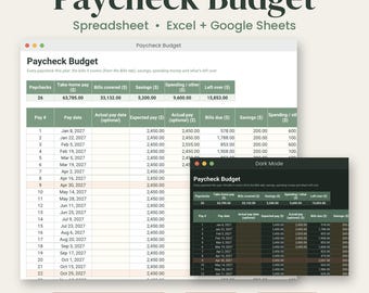 Paycheck Budget Spreadsheet, Monthly Budget Planner 2027, Excel and Google Sheets, Biweekly Budget Tracker, Debt Payoff, Savings, Dark Mode