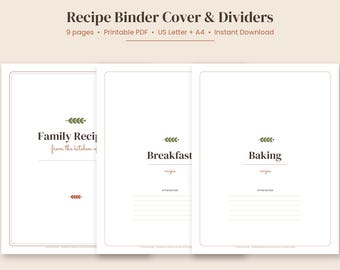 Portada imprimible para archivador de recetas, separadores para libro de recetas familiar, portada y pestañas para libros de cocina, regalo de Navidad para mamá, PDF tamaño carta y A4