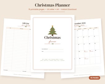 Planificador navideño imprimible, lista de regalos de Navidad, planificador de vacaciones, calendario de diciembre de 2026, menú de Navidad, presupuesto, lista de tarjetas, PDF tamaño carta A4