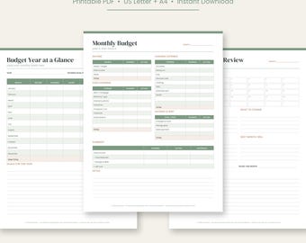 Planificador de presupuesto mensual imprimible, plantilla de presupuesto de Año Nuevo, hoja de cálculo de presupuesto 2027 sin fecha, revisión de dinero, resumen anual, PDF tamaño carta estadounidense (A4)