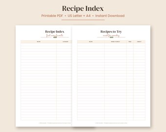 Índice imprimible para archivador de recetas, tabla de contenido del libro de recetas, lista de recetas para probar, página organizadora del libro de cocina, regalo de cocina, PDF en formato carta y A4