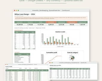 Hoja de cálculo para contabilidad de pequeñas empresas, seguimiento de ingresos y gastos, seguimiento de facturas, registro de kilometraje, pérdidas y ganancias, Google Sheets y Excel